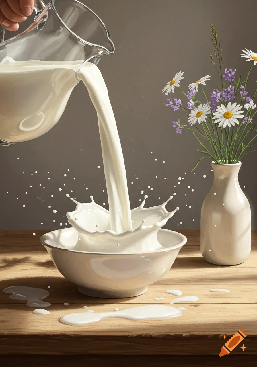 A hand pours milk from a glass pitcher into a white bowl, creating a splash, with a vase of daisies and lavender on a wooden table.