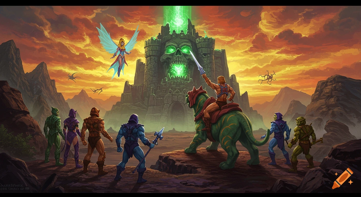 He-Man on Battle Cat and the Sorceress face Skeletor and his forces before Castle Grayskull under an orange sky in a fantasy painting.