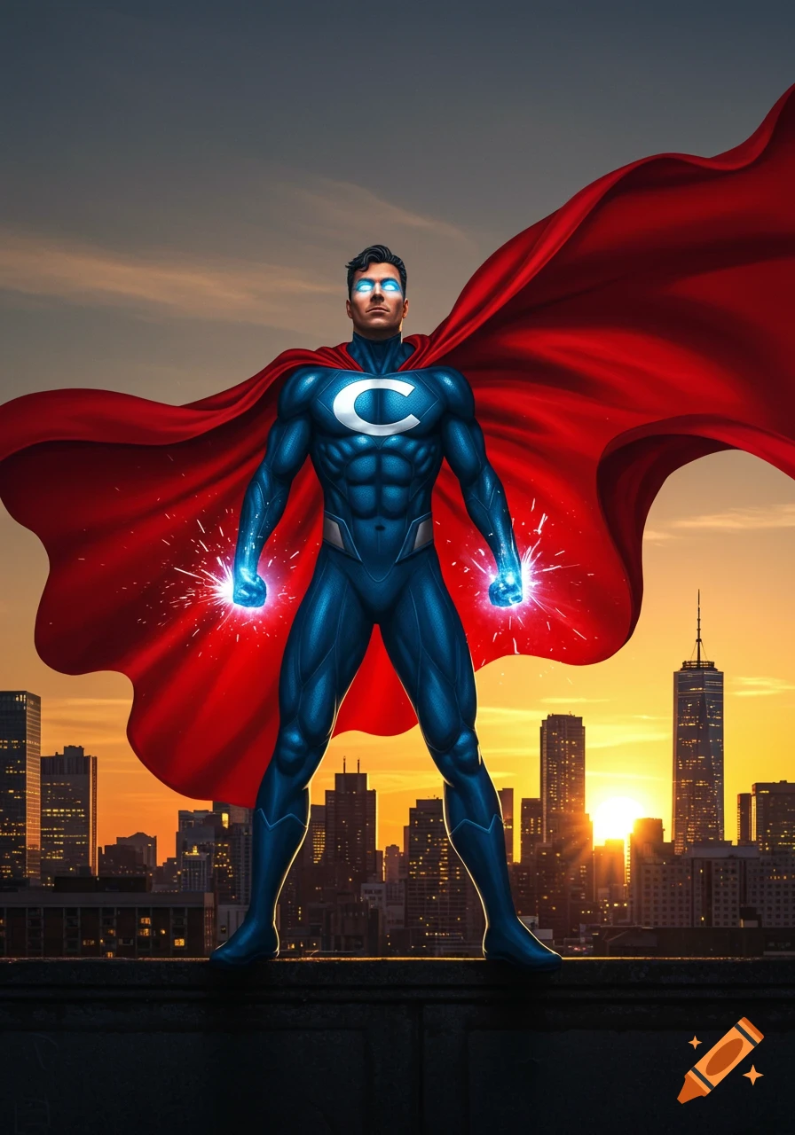 A muscular superhero with a red cape and a white 'C' on his chest stands on a city rooftop at sunset, hands glowing with energy.