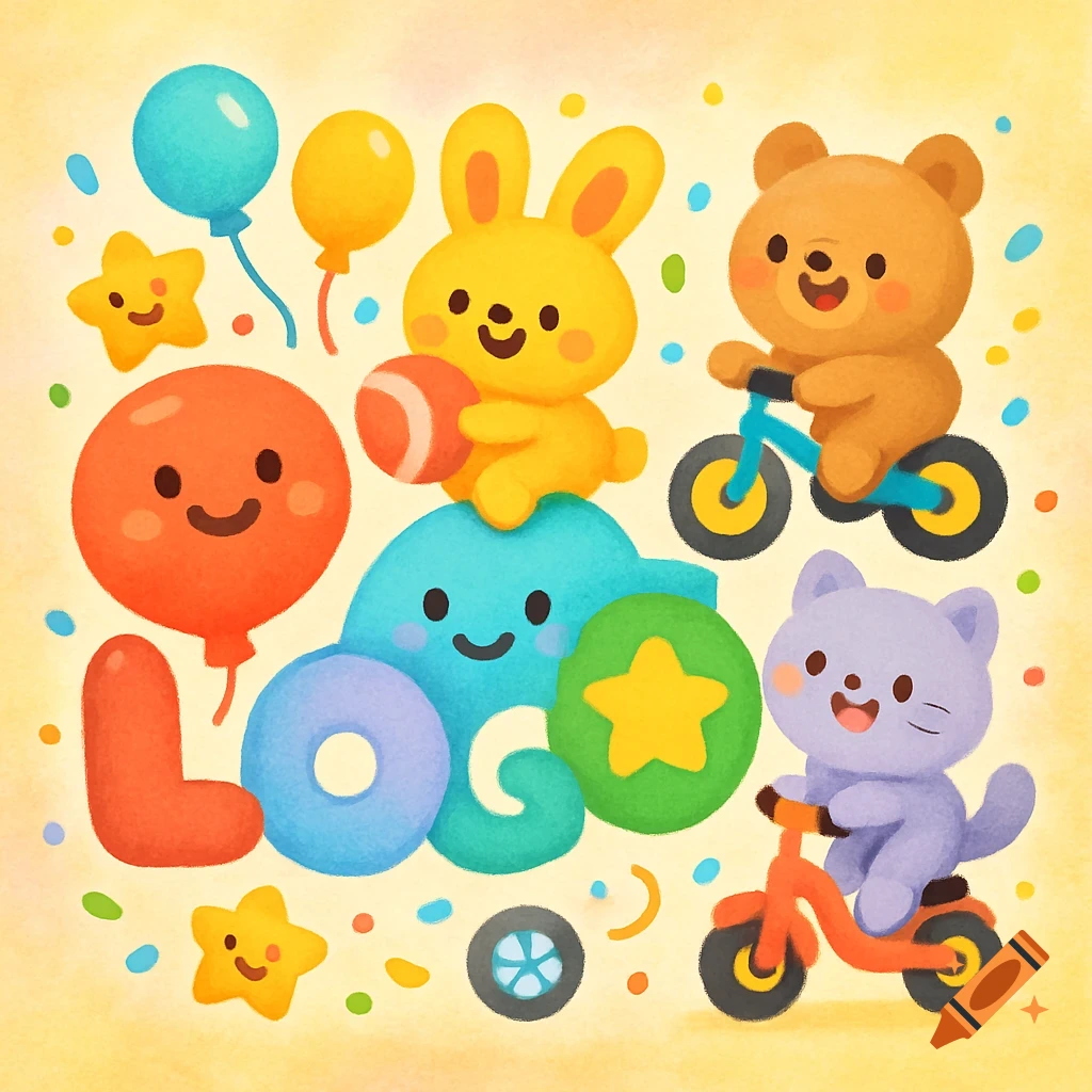 A cute watercolor illustration with cartoon animals, balloons, and stars surrounding colorful smiling letters that spell 'LOGO'.