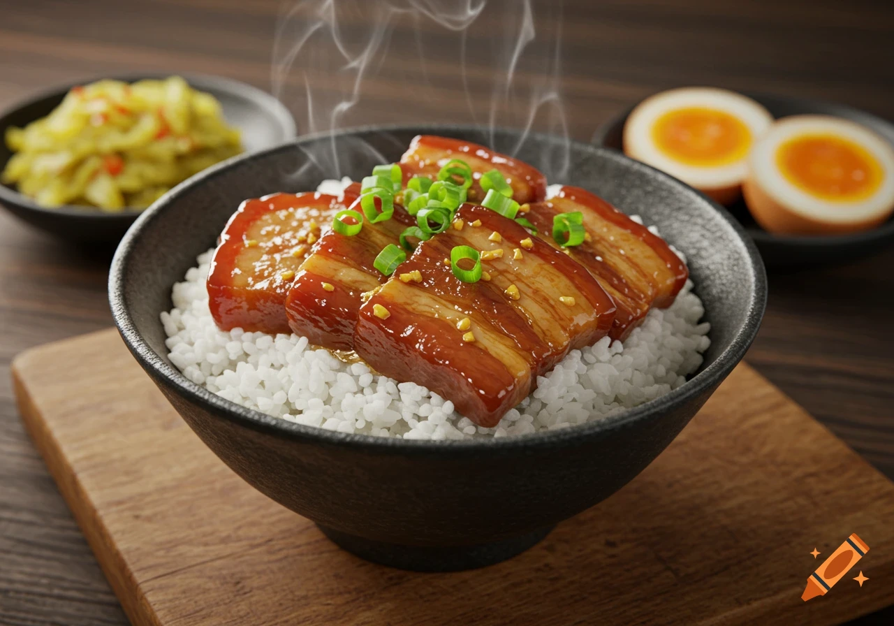 A steaming bowl of braised pork belly (Lu Rou Fan) on white rice, garnished with green onions and garlic, with side dishes in the background.