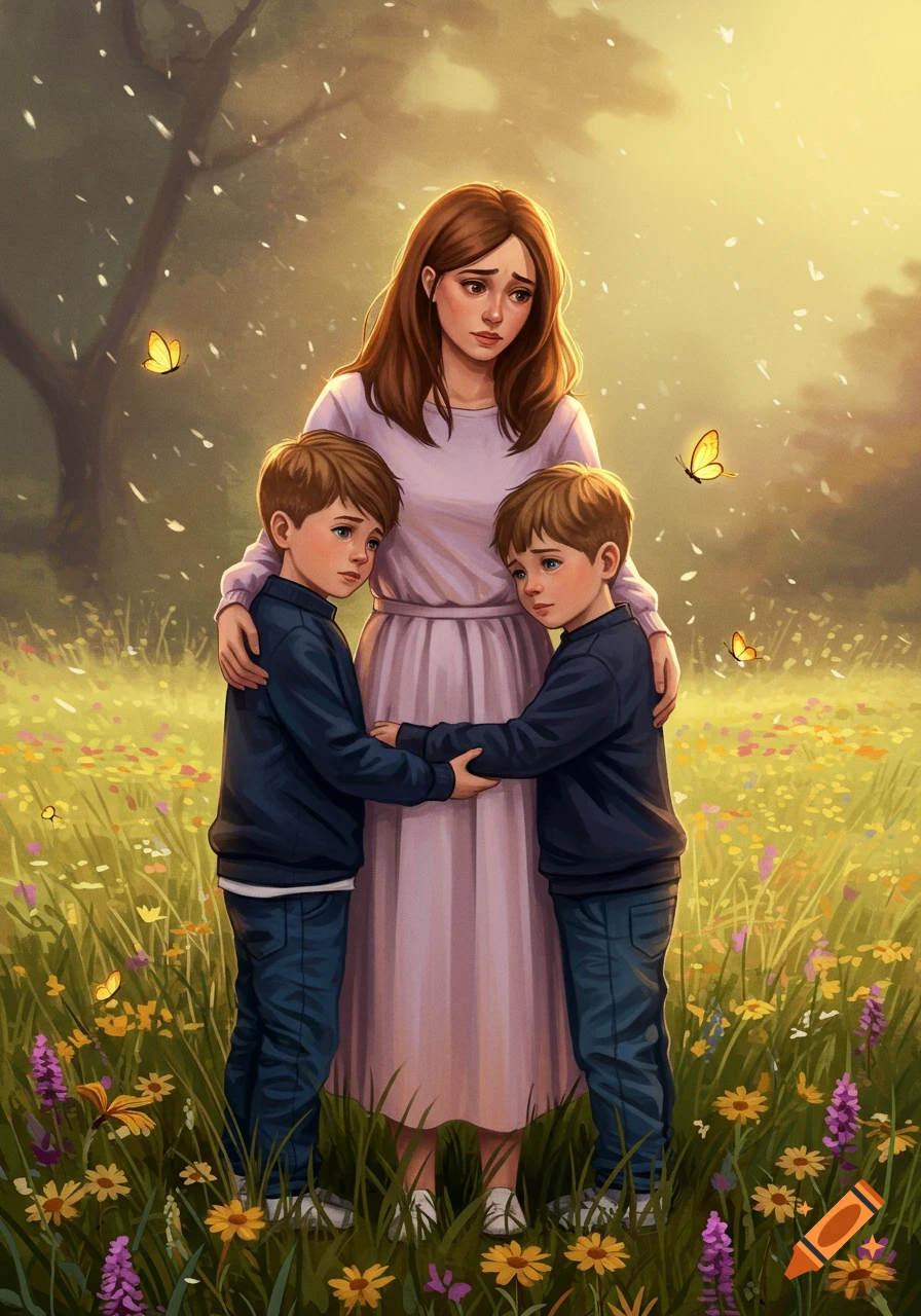 A sad mother embraces two young boys holding hands in a sunlit field with flowers and butterflies, digital painting.