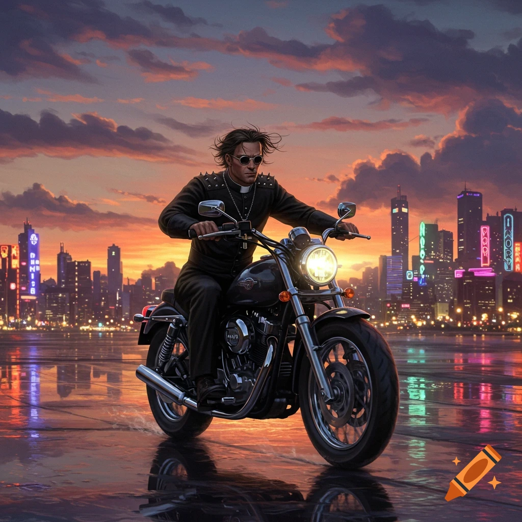 An illustrated biker priest rides a motorcycle on a wet city street at sunset with a neon cityscape in the background.