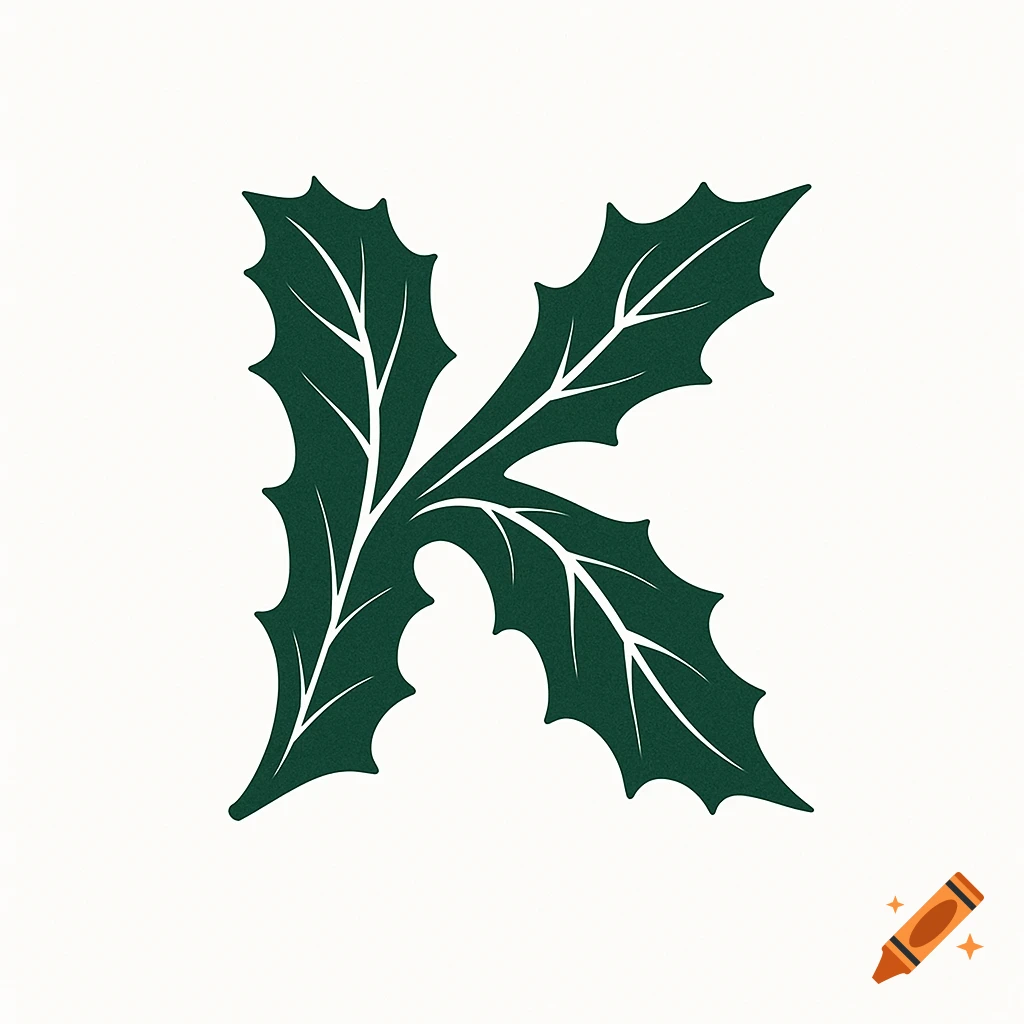 A minimal logo of the letter K formed by dark green holly leaves on a white background.