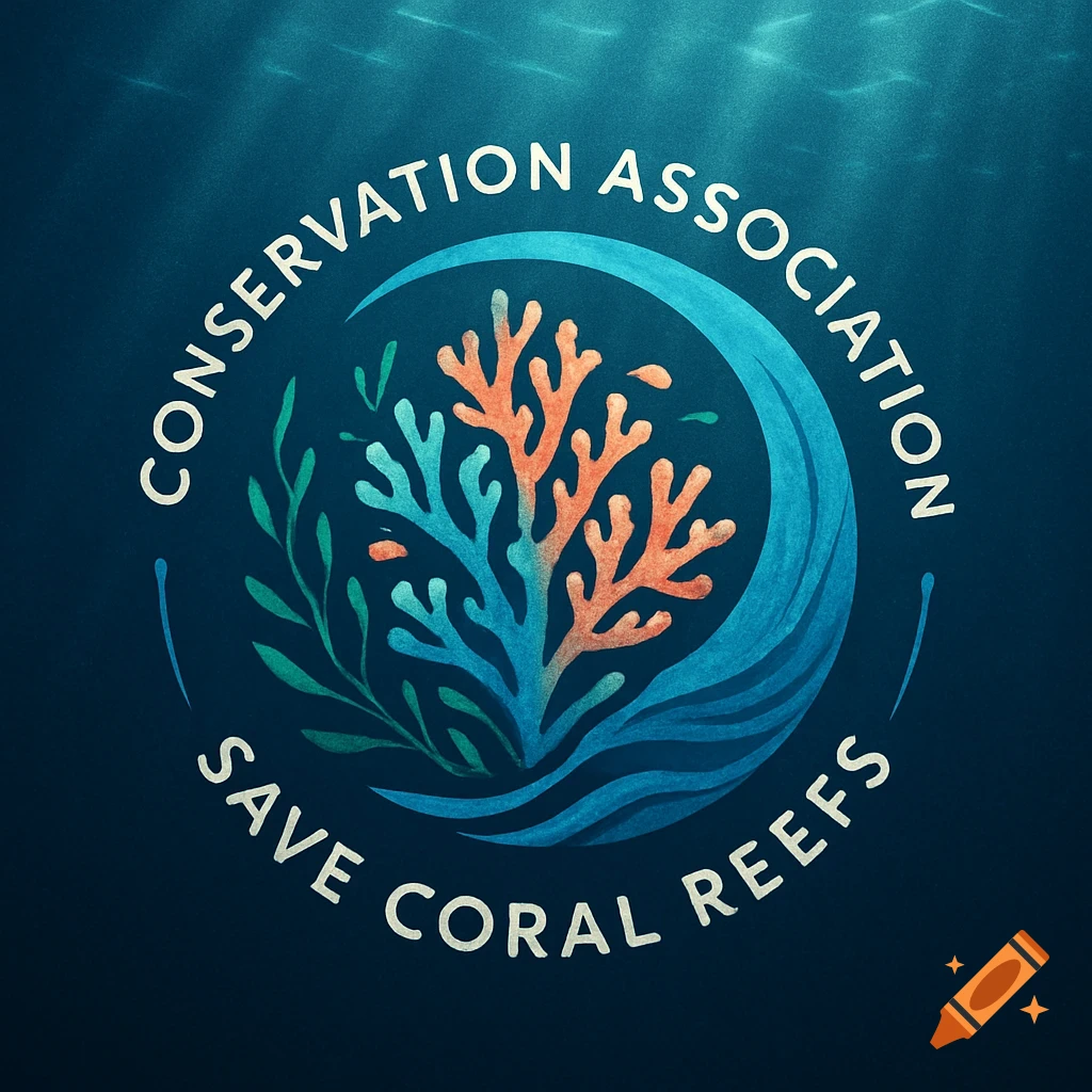 Circular logo for Conservation Association Save Coral Reefs, featuring an illustrated coral, seaweed, and wave on a dark blue background.