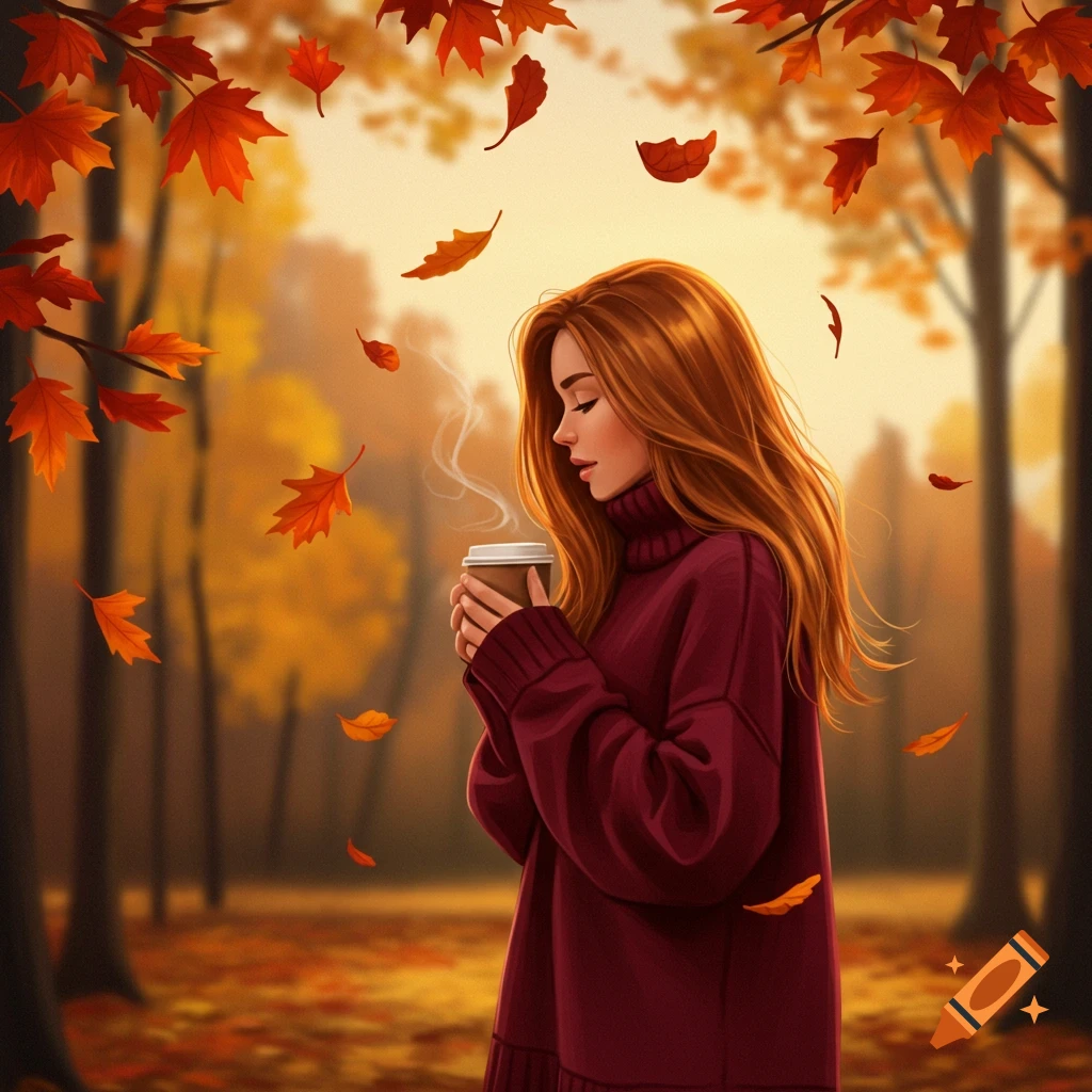 Illustration of a red-haired woman in a maroon sweater holding a steaming coffee cup, surrounded by falling autumn leaves in a warm forest.