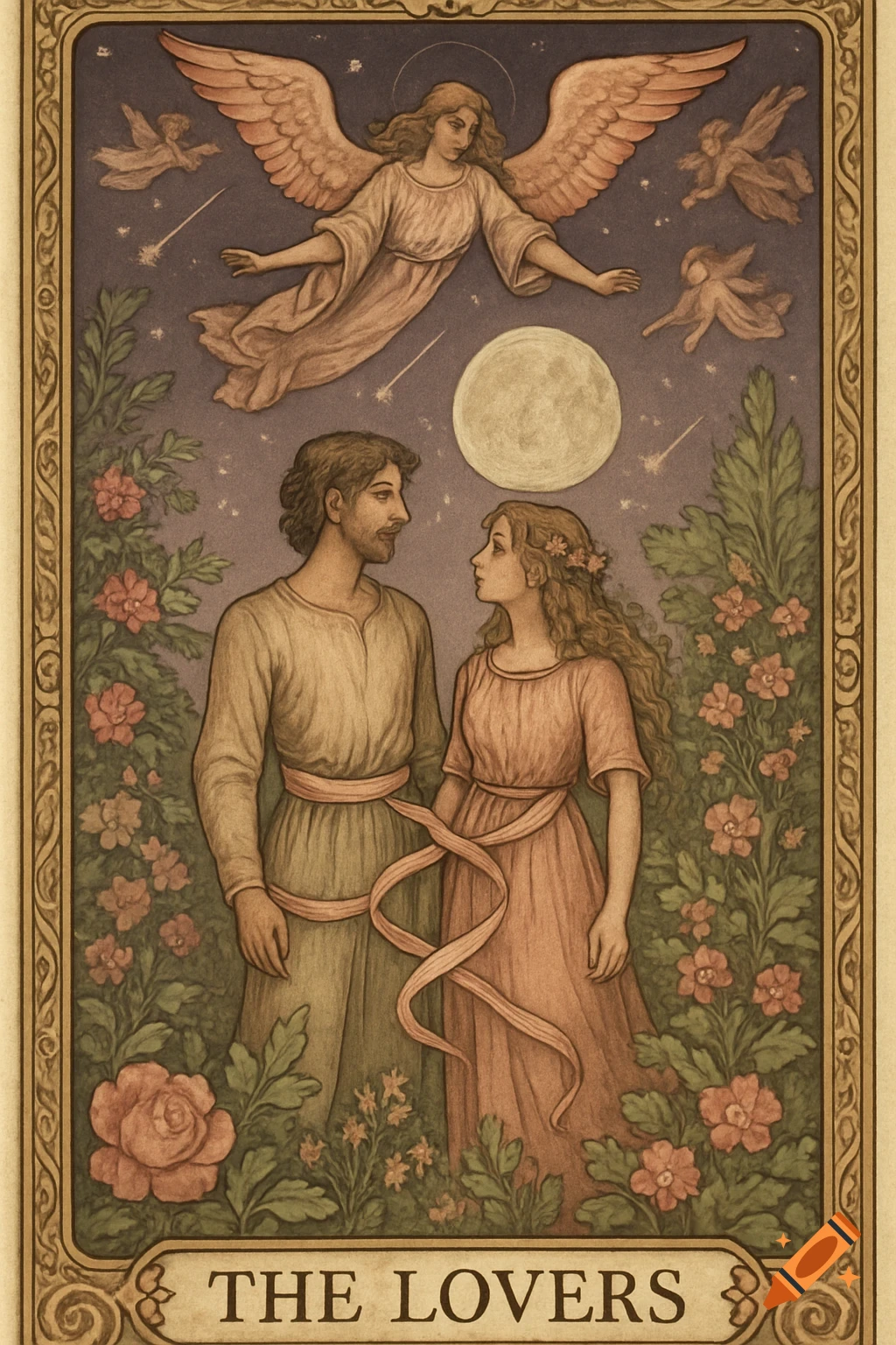 A tarot card illustration of a man and woman in a garden, with an angel and cherubs above, under a full moon. Text reads 'THE LOVERS'.
