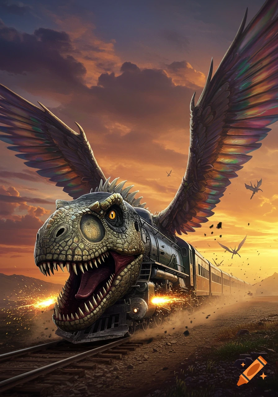 A fantastical winged dinosaur-head train speeds on tracks at sunset, with sparks flying.