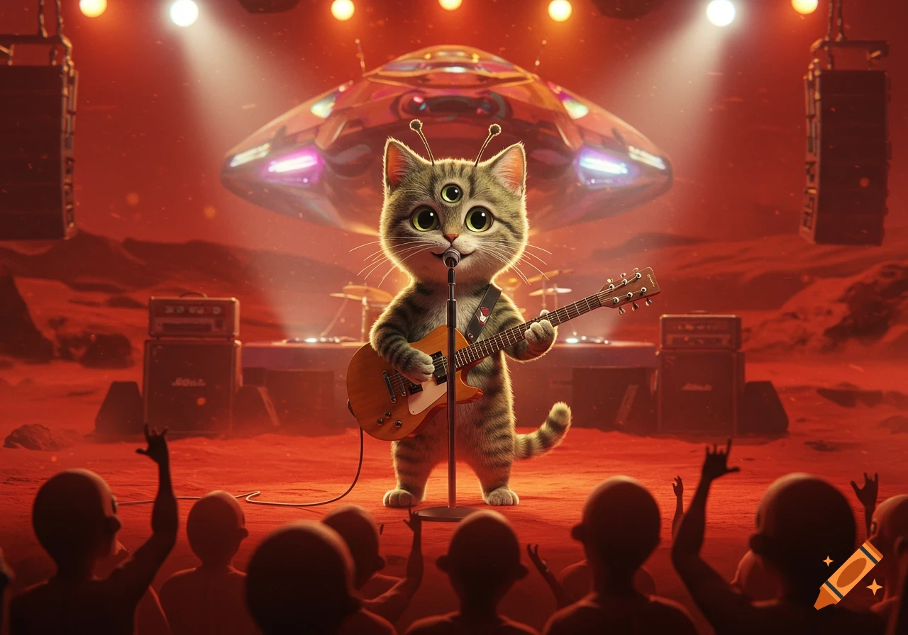 A three-eyed alien kitten with antennae plays electric guitar on a Mars stage, performing for a silhouetted alien crowd.