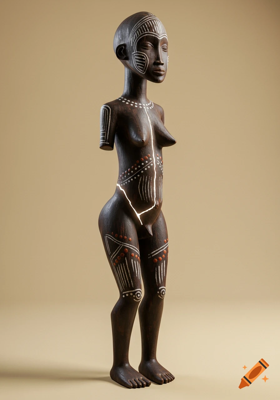 Stylized dark wooden African sculpture of a female figure with white and ochre tribal body paint and a glowing crack.