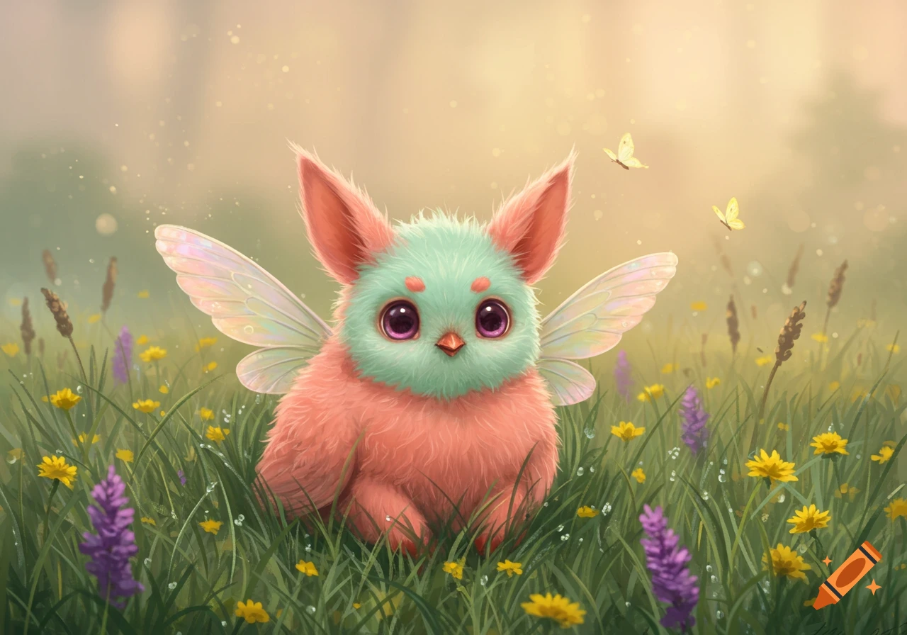 A fluffy, pink and teal creature with large eyes and translucent fairy wings sits in a field of green grass and wildflowers with butterflies.