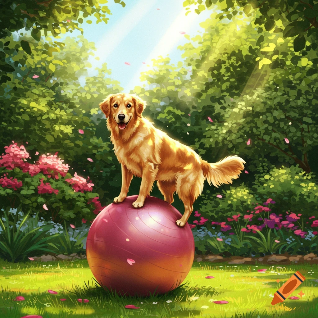 A smiling Golden Retriever stands on a large pink exercise ball in a vibrant, sunny garden with blooming pink flowers.