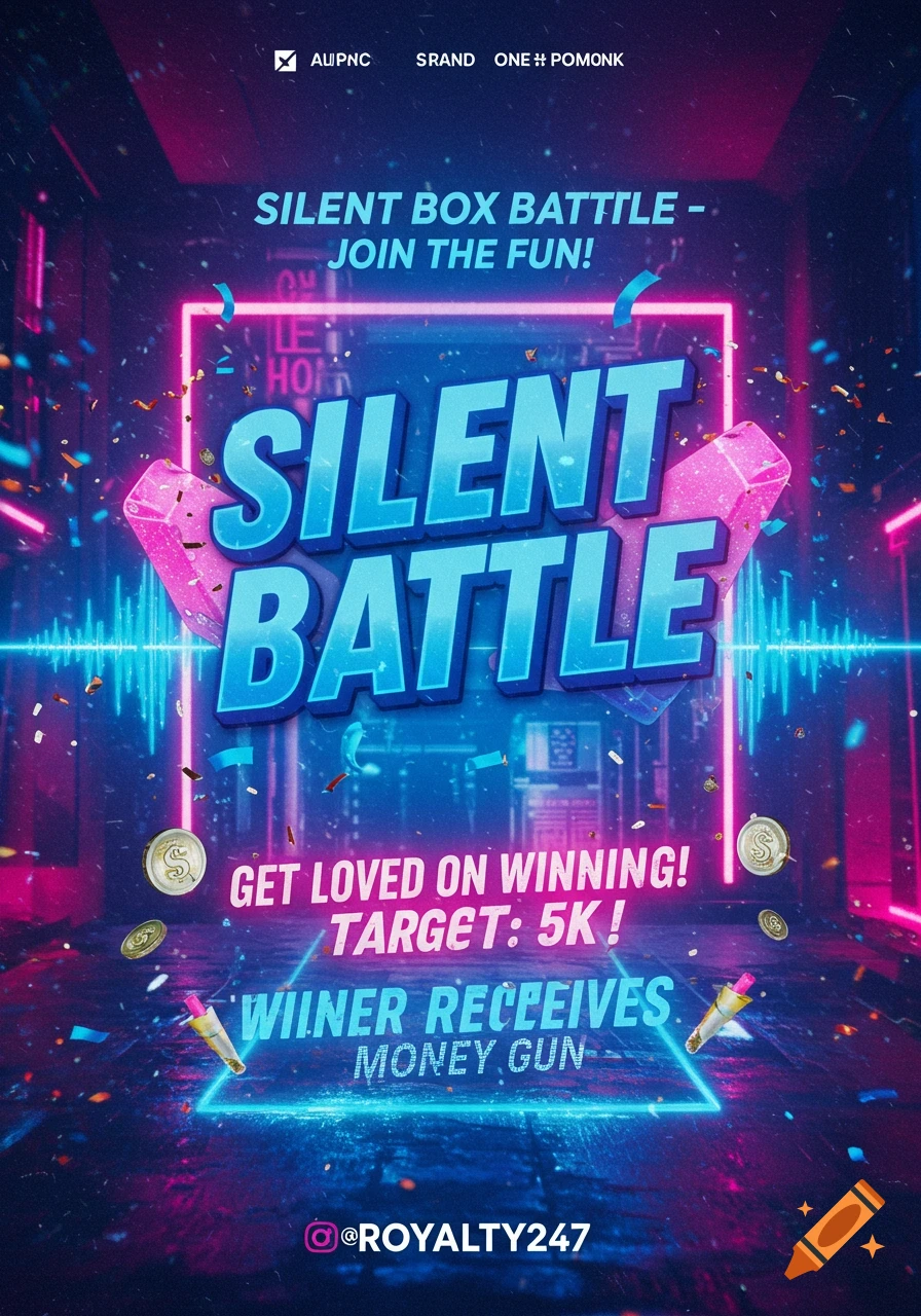 A vibrant digital flyer for a "Silent Battle" event, featuring blue and pink neon lights, confetti, coins, and sound waves, with text about winning a money gun.
