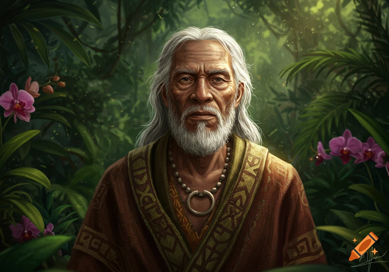 Detailed portrait of an old man with white hair and beard in a patterned robe and necklace, surrounded by lush jungle foliage and pink orchids in a painterly style.