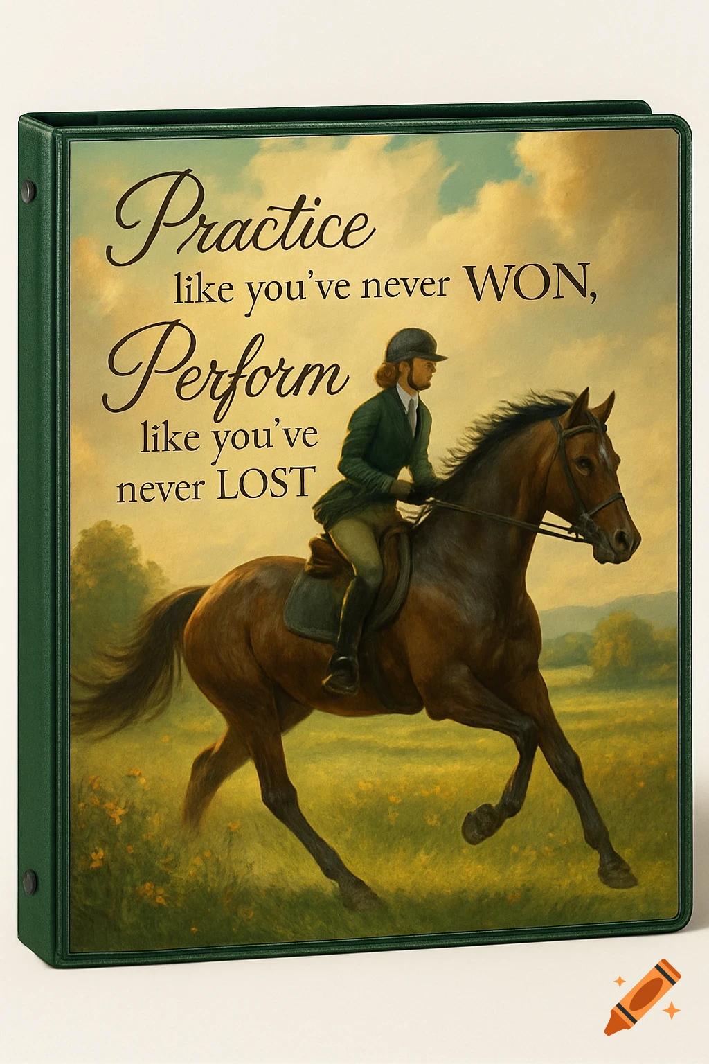 An illustration of a rider on a galloping horse on a binder cover with the quote "Practice like you've never WON, Perform like you've never LOST"