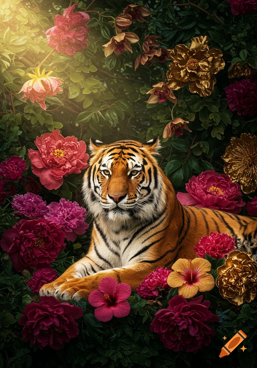 A majestic photorealistic tiger with orange and black stripes lies among vibrant red, pink, and gold flowers and lush green foliage.