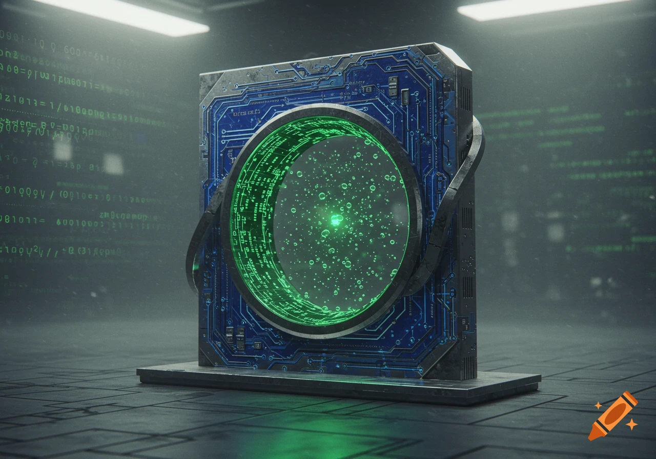 A futuristic blue circuit board device with a glowing green core, surrounded by green digital code in a dark room.