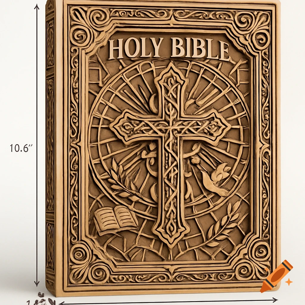 Ornate golden-brown Bible cover with an embossed cross, dove, olive branch, open book, and 'HOLY BIBLE' text.