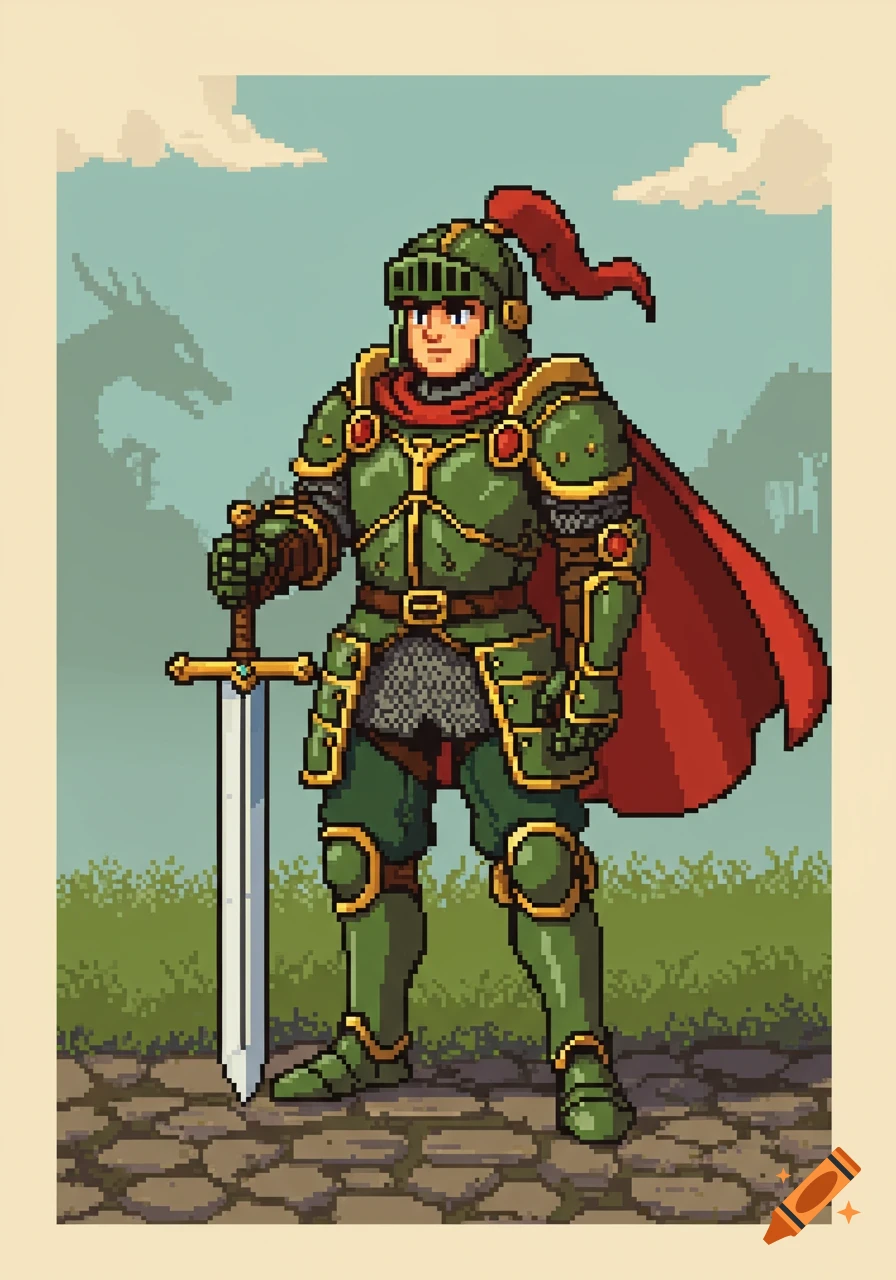 A pixel art knight in green armor and a red cape stands holding a sword, with a dragon silhouette in the background.