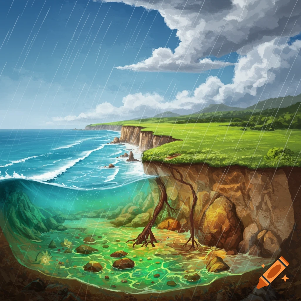 Illustration of a coastal cross-section in the rain, showing green cliffs, ocean waves, and underwater rock formations with roots.