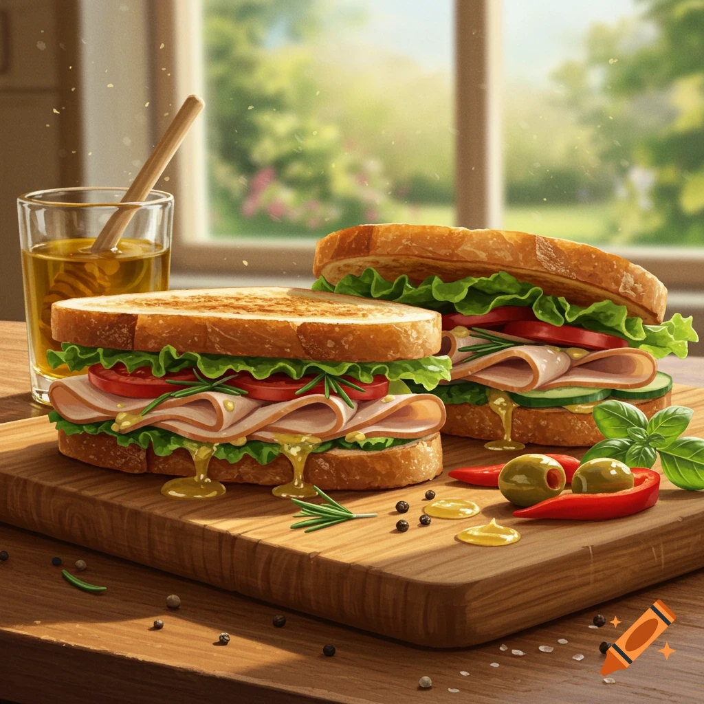 Two delicious sandwiches with turkey, lettuce, and tomato on a wooden board, with honey, olives, and spices, in a sunny room.