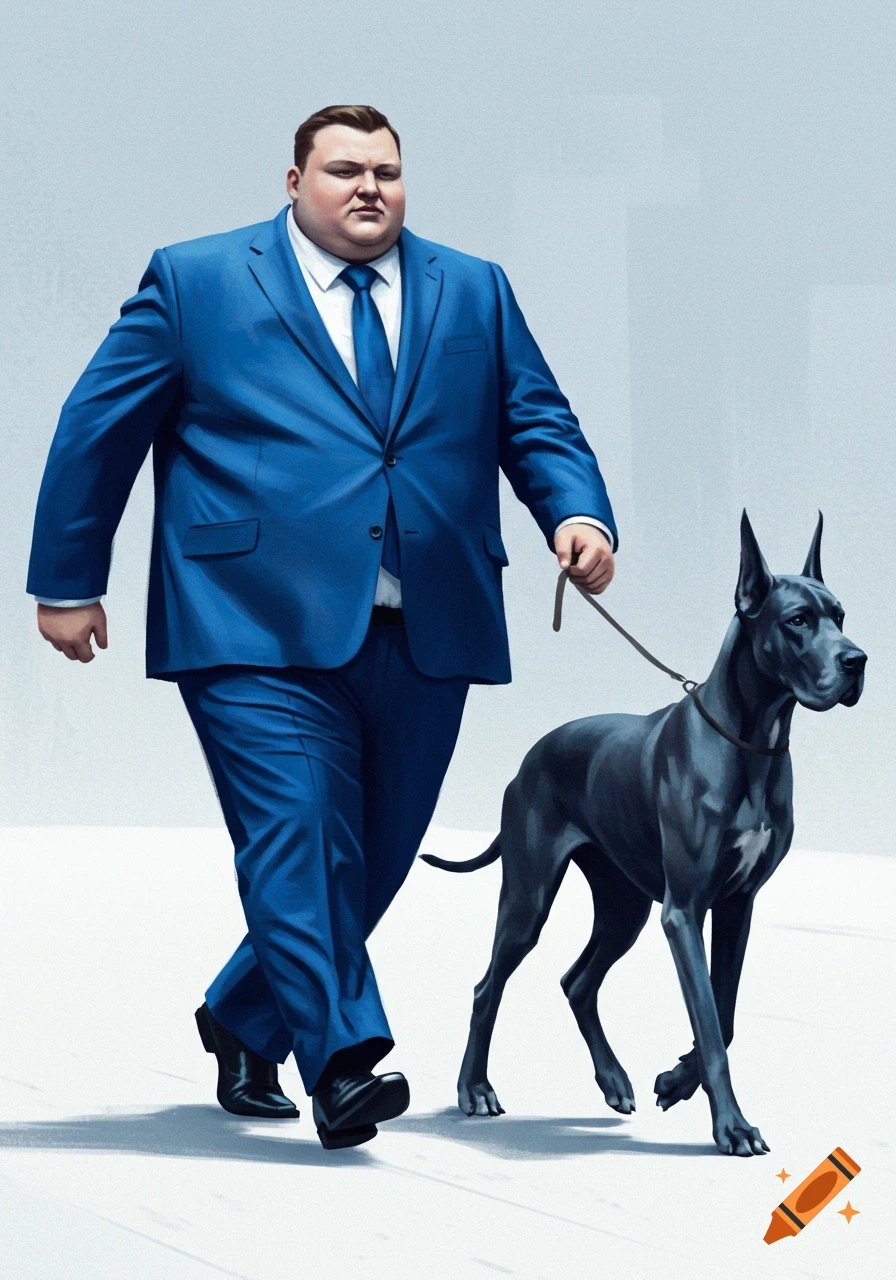 An obese man in a blue suit walks a black Great Dane on a leash, on a white sidewalk.