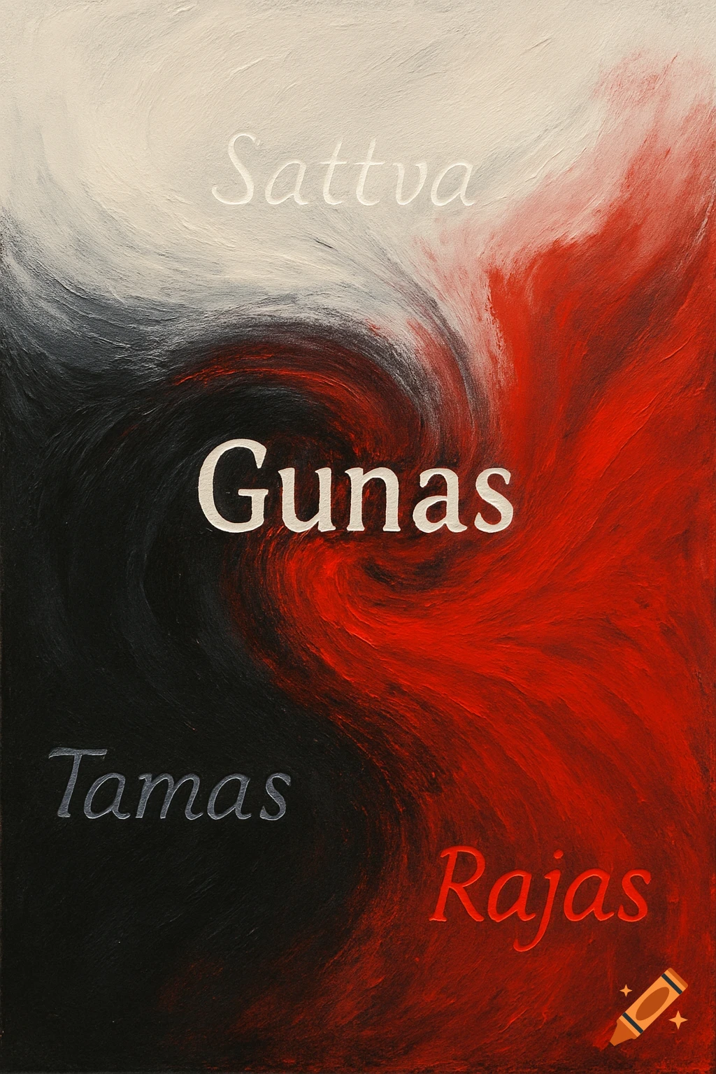 Abstract painting with swirling white, black, and red colors and text: Sattva, Gunas, Tamas, Rajas.