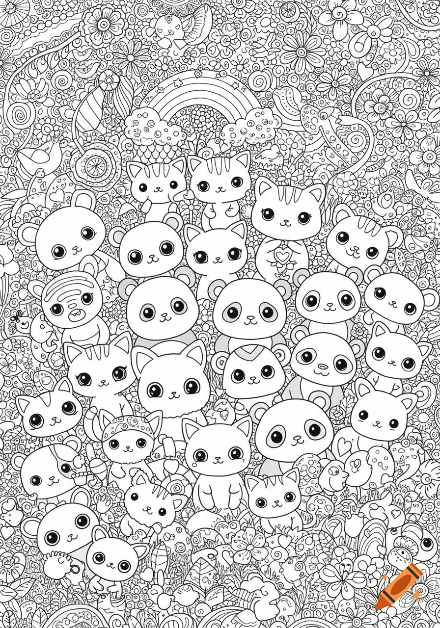 A busy black and white kawaii coloring page featuring numerous cute cartoon cats, pandas, and bears amidst floral patterns and a rainbow.