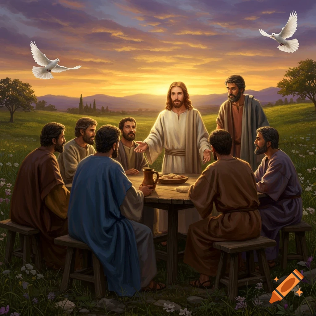 Jesus preaches to his disciples gathered around a table in a grassy field at sunset, with doves flying overhead in a painterly style.