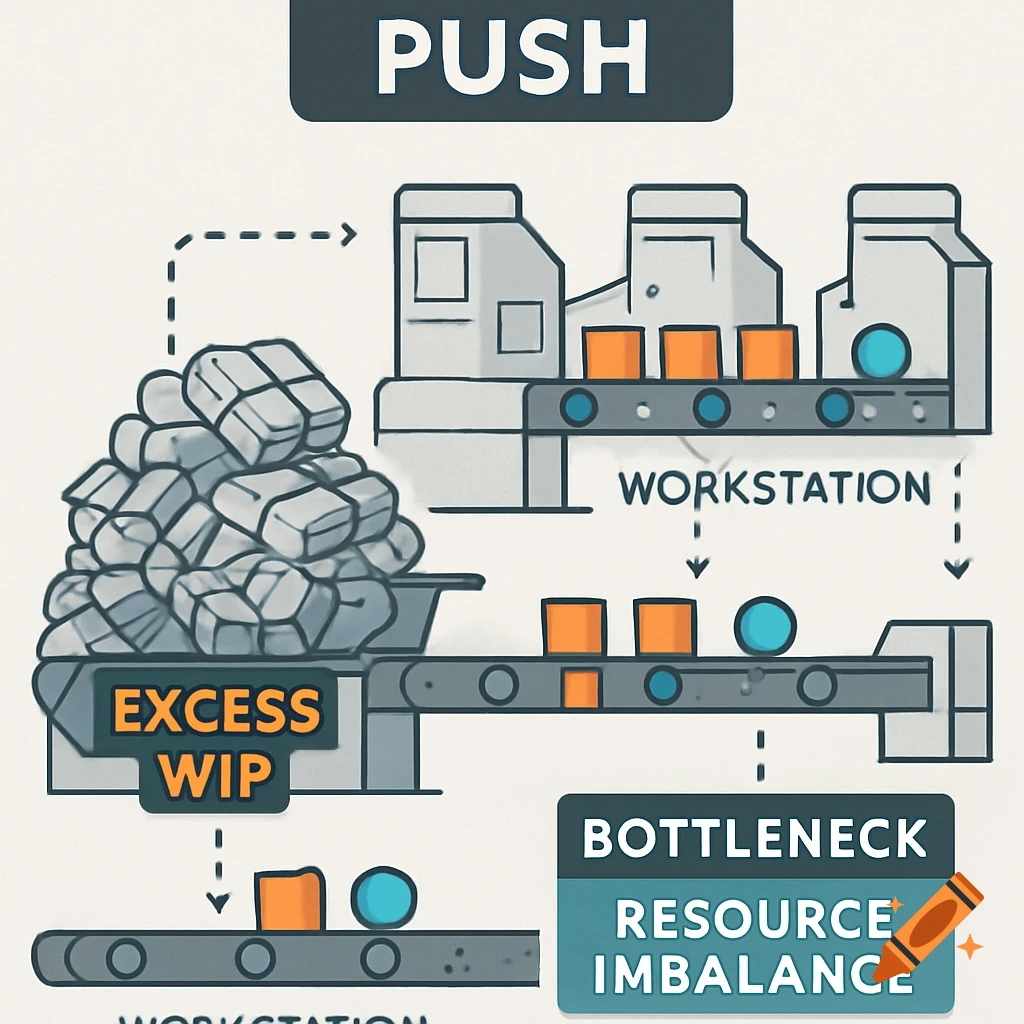 A schematic diagram illustrating push manufacturing flow, showing workstations, items, 'EXCESS WIP', 'BOTTLENECK', and 'RESOURCE IMBALANCE' labels.