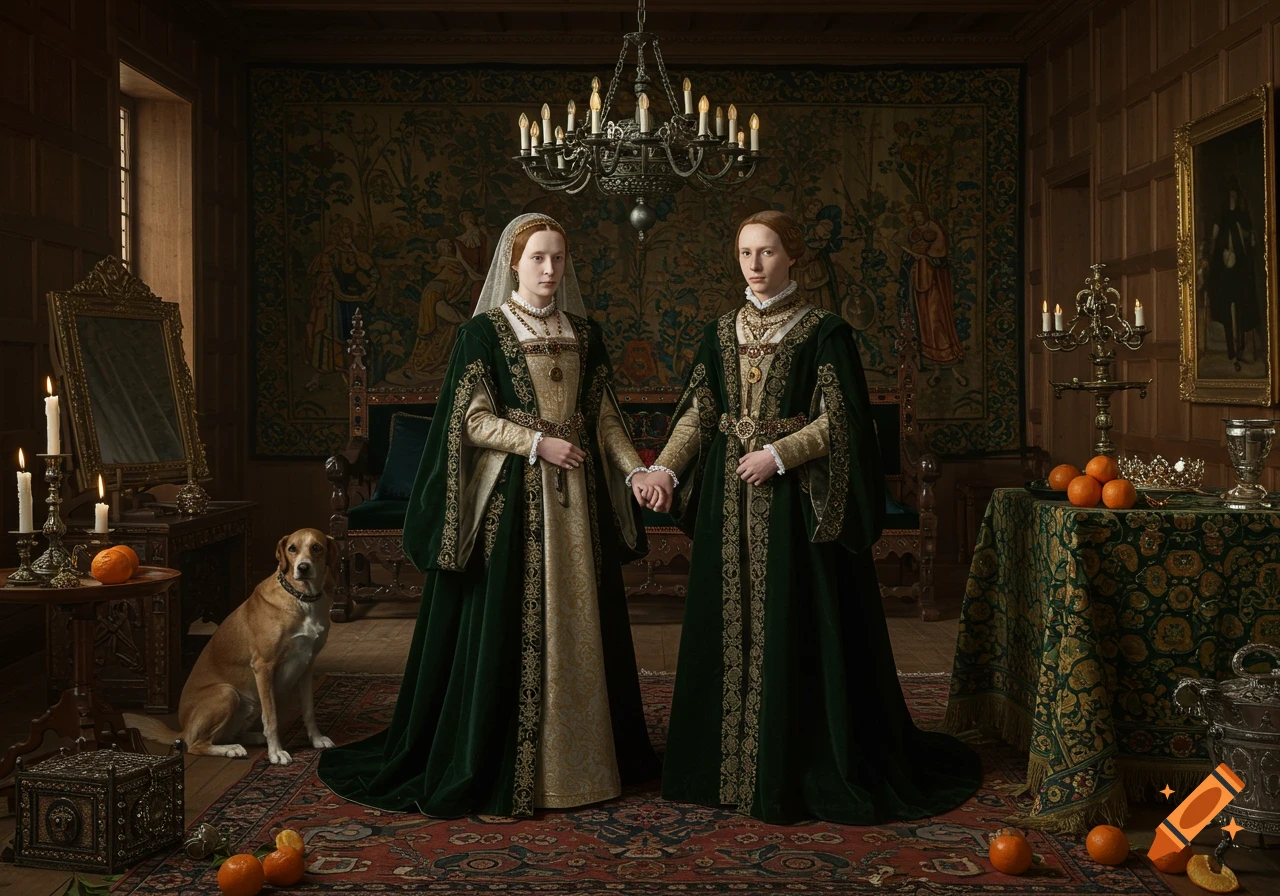 Two women in ornate green and gold Renaissance gowns hold hands in a richly decorated room with a dog, mirroring a classic historical portrait.