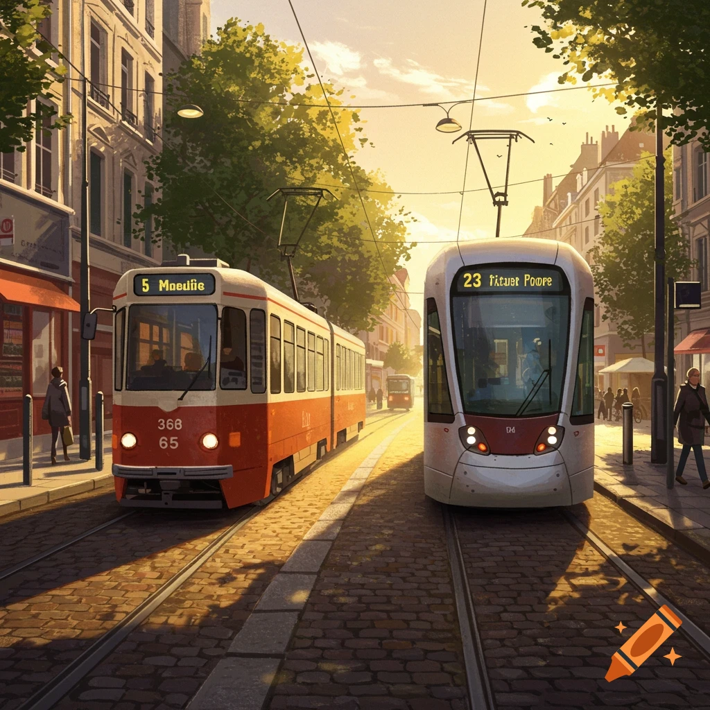 Two trams, one red and white, the other white, face each other on cobblestone tracks in a city street with classic European architecture and trees at sunset, in a digital art style.