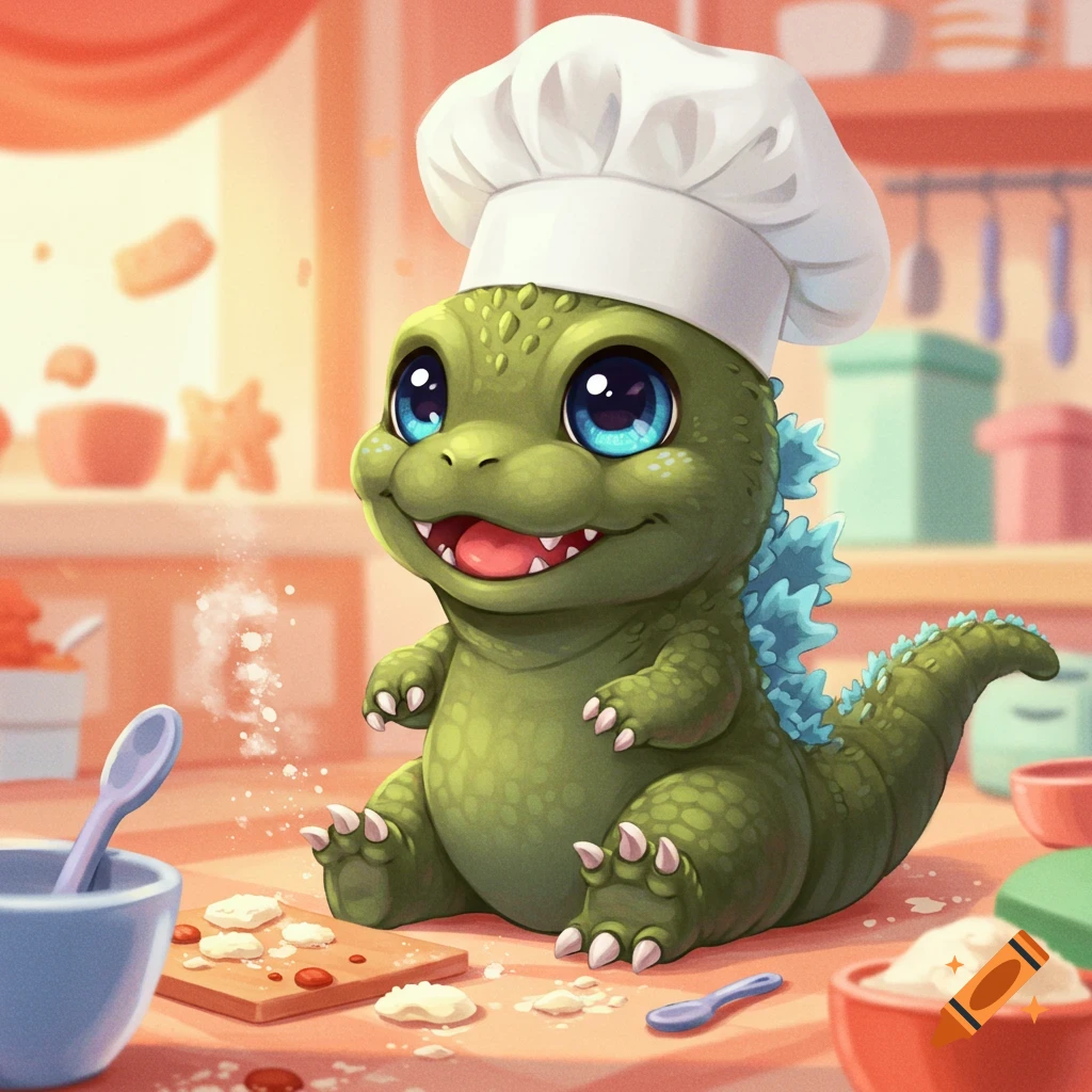 A super cute chibi baby Godzilla wearing a chef's hat sits in a kitchen, surrounded by baking ingredients, with flour dusted on the table.