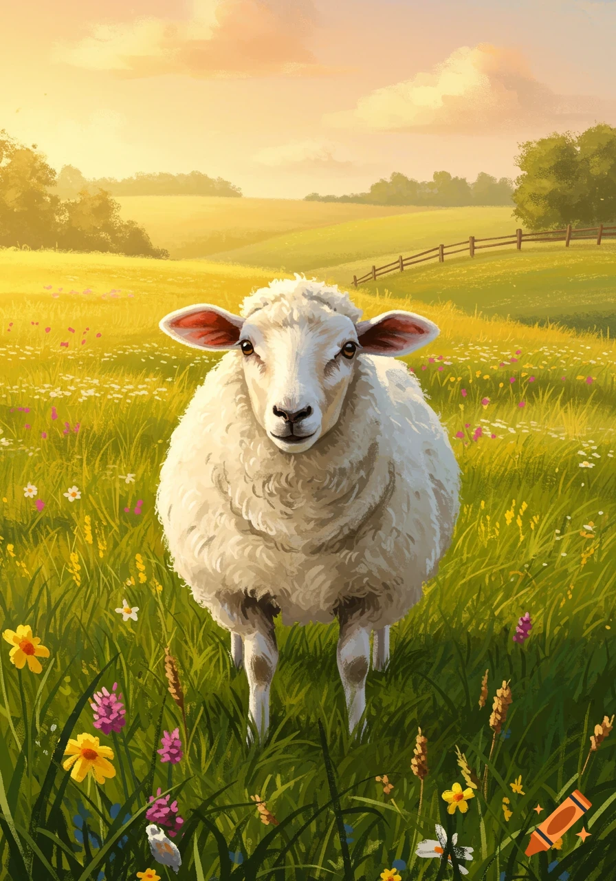 A fluffy white sheep stands in a vibrant green meadow with colorful wildflowers under a golden sunset, in an illustration style.