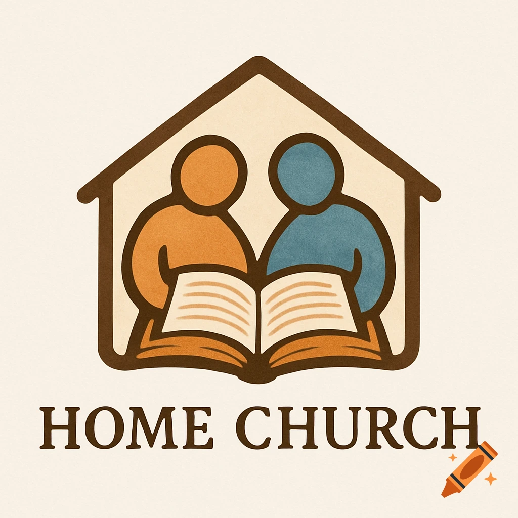 A minimalist logo showing two stylized figures reading an open book inside a house outline, with 'HOME CHURCH' text below.