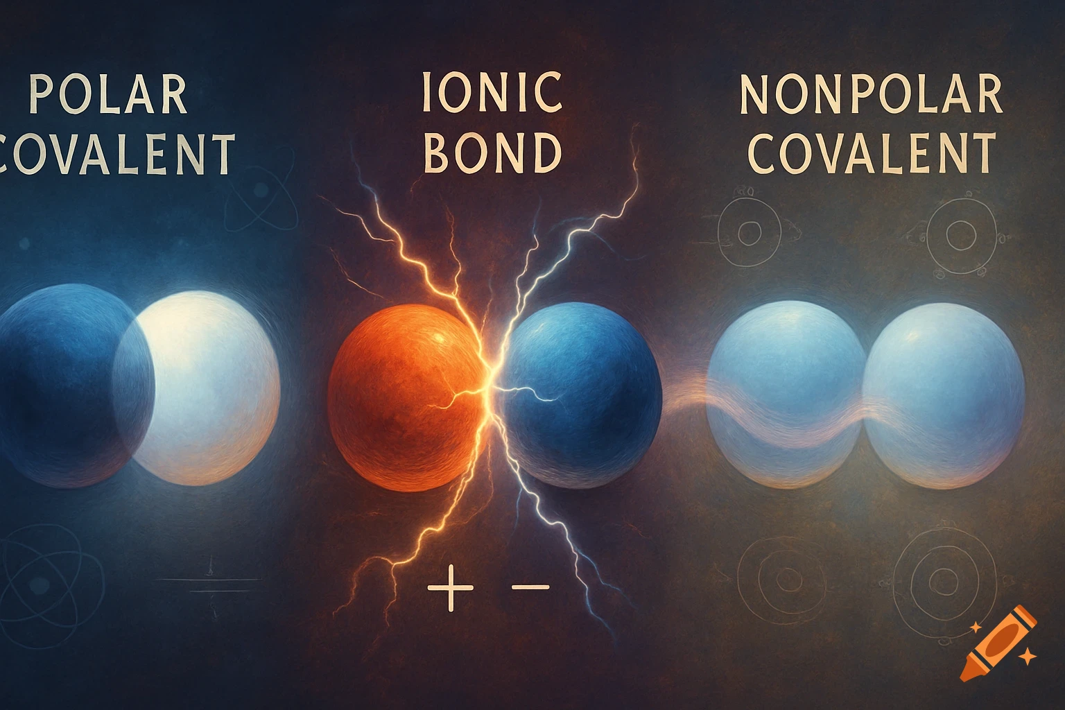 A scientific diagram illustrating polar covalent, ionic, and nonpolar covalent bonds with colorful spheres and lightning effects.