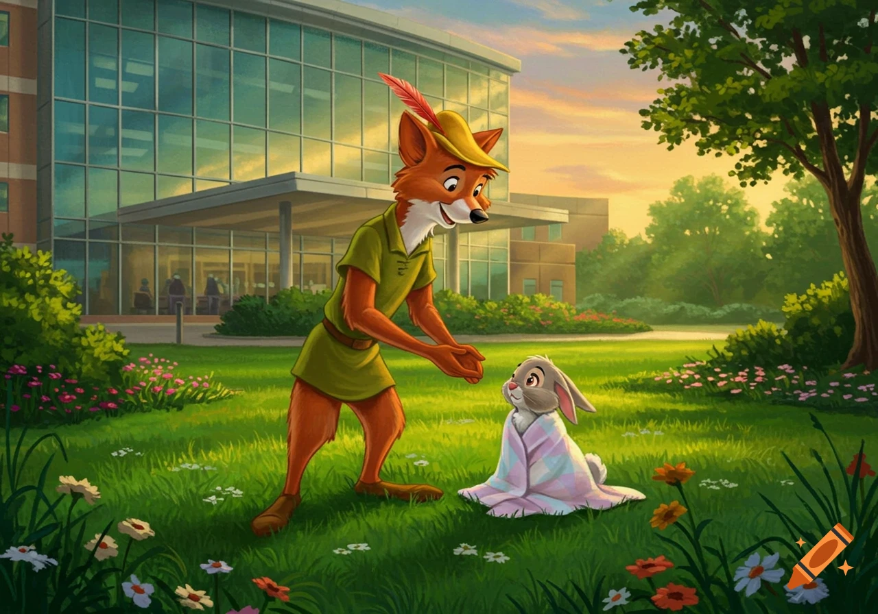 A cartoon fox dressed as Robin Hood leans towards a bunny wrapped in a blanket on a grassy lawn in front of a modern building.