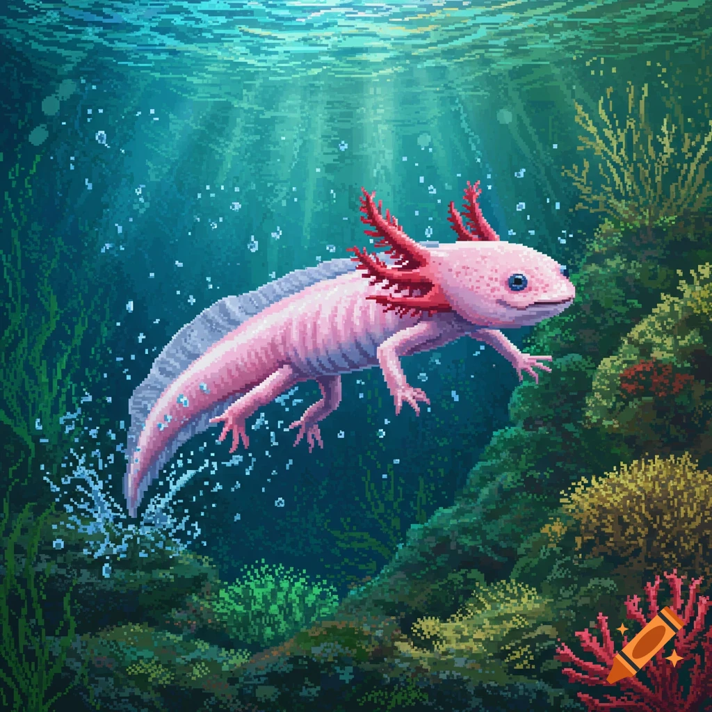 A pink axolotl swims underwater among colorful coral and sea plants, rendered in a detailed pixel art style.
