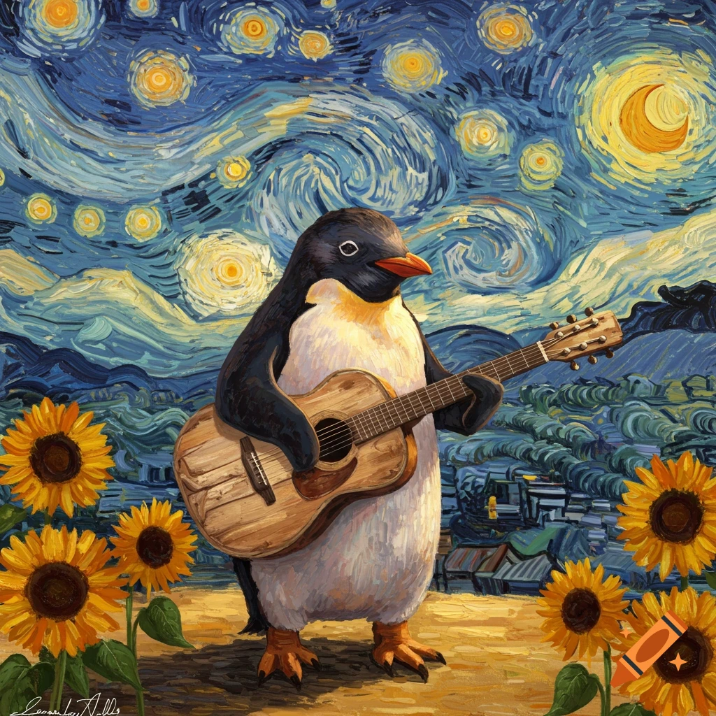 A penguin plays a guitar in a painting inspired by Van Gogh's The Starry Night, with sunflowers in the foreground.