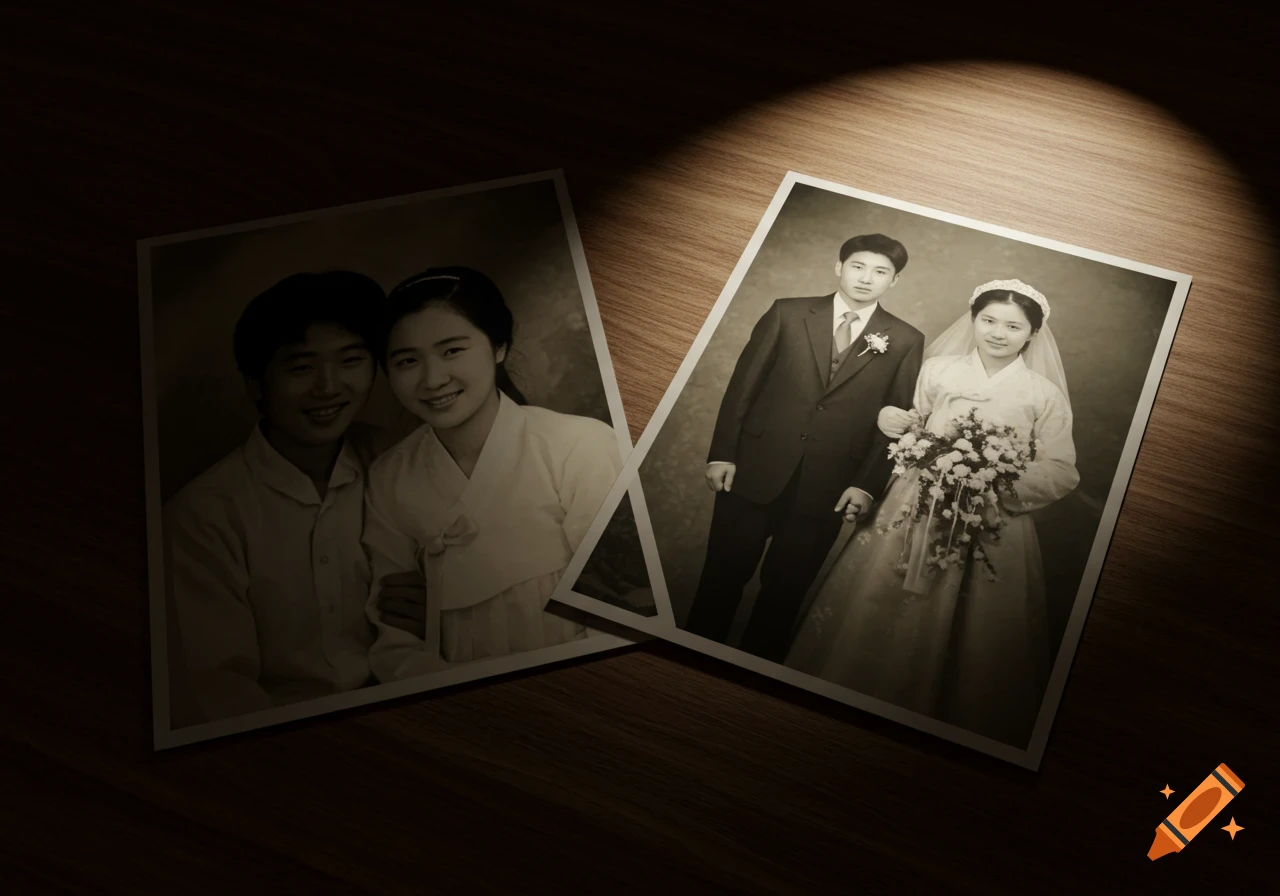Two sepia-toned vintage Korean photos on a dark wooden table under a spotlight. One shows a smiling couple, the other a formal wedding.