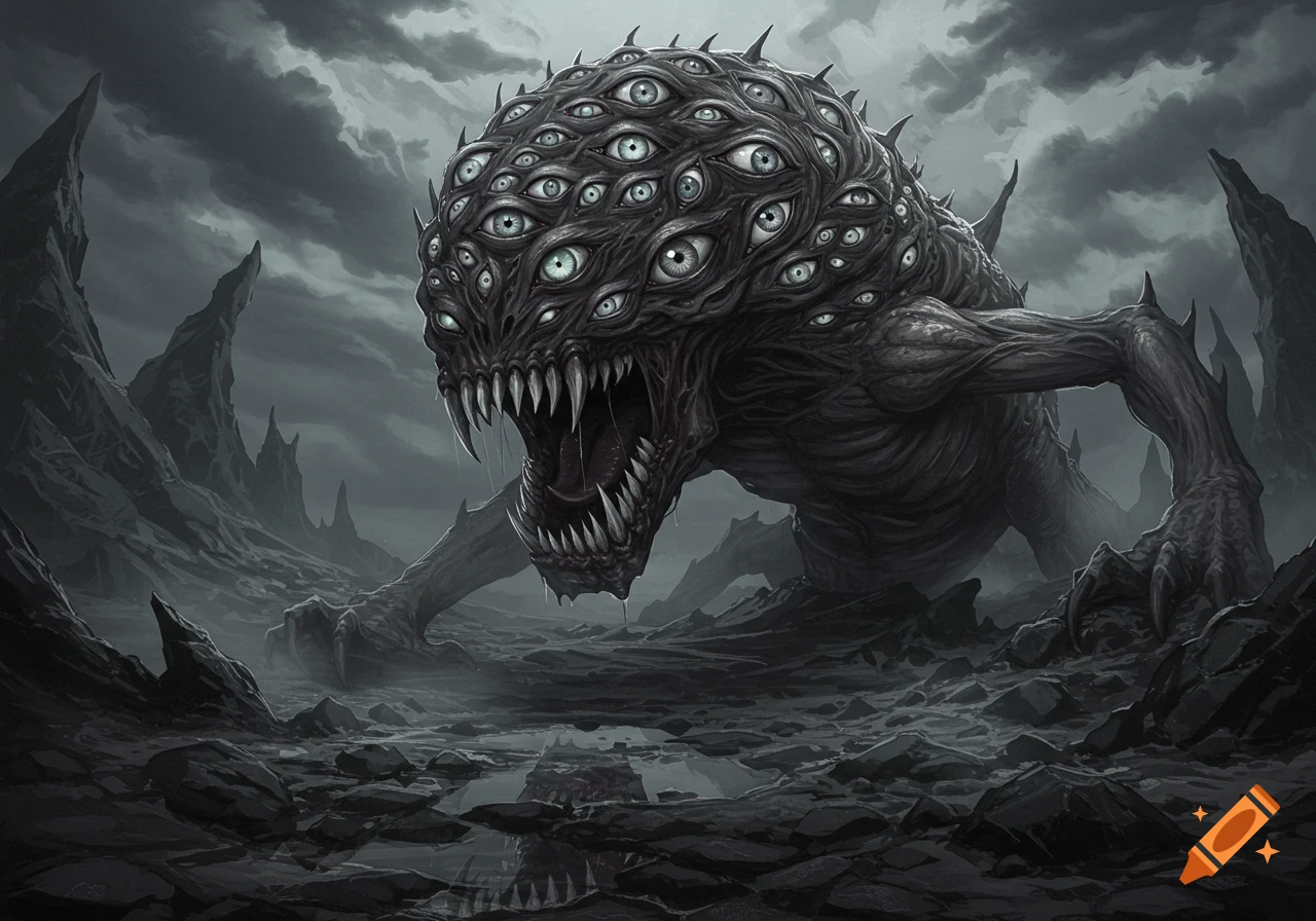 A dark fantasy illustration of a grotesque monster with many eyes and sharp teeth, in a desolate, rocky landscape.