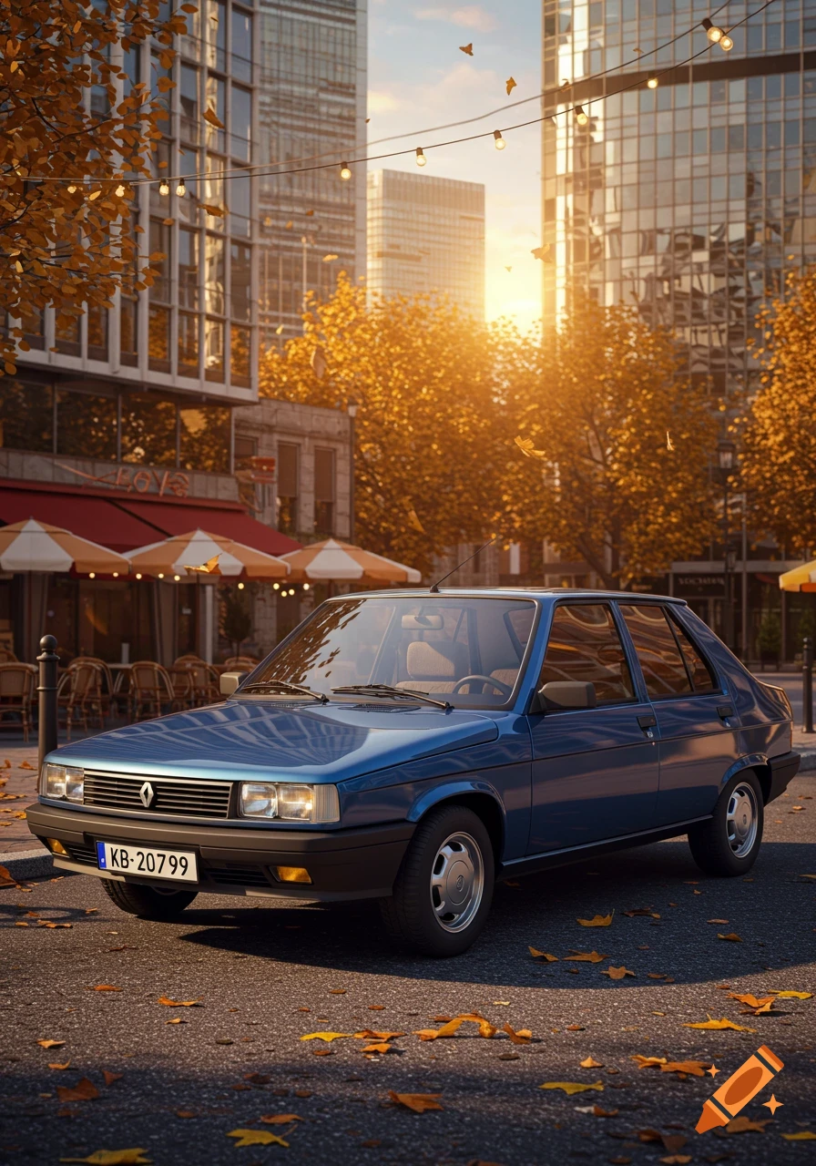 A blue Renault 11 car parked on an autumn city street with fallen leaves, string lights, and modern buildings under a sunny sky.