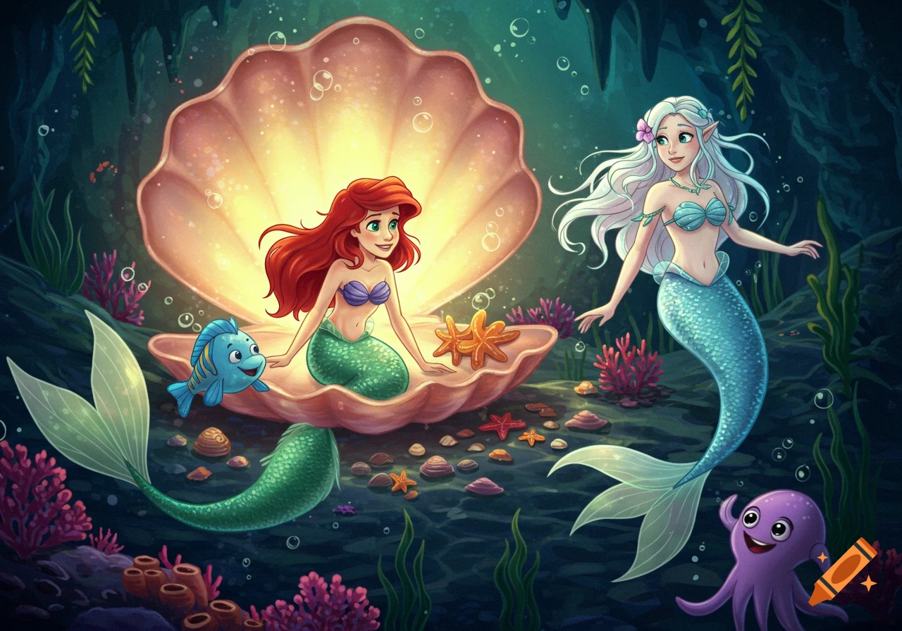 A vibrant cartoon illustration of a red-haired mermaid in a glowing seashell with a blue fish, and a white-haired mermaid and a purple octopus nearby in a magical underwater cave.