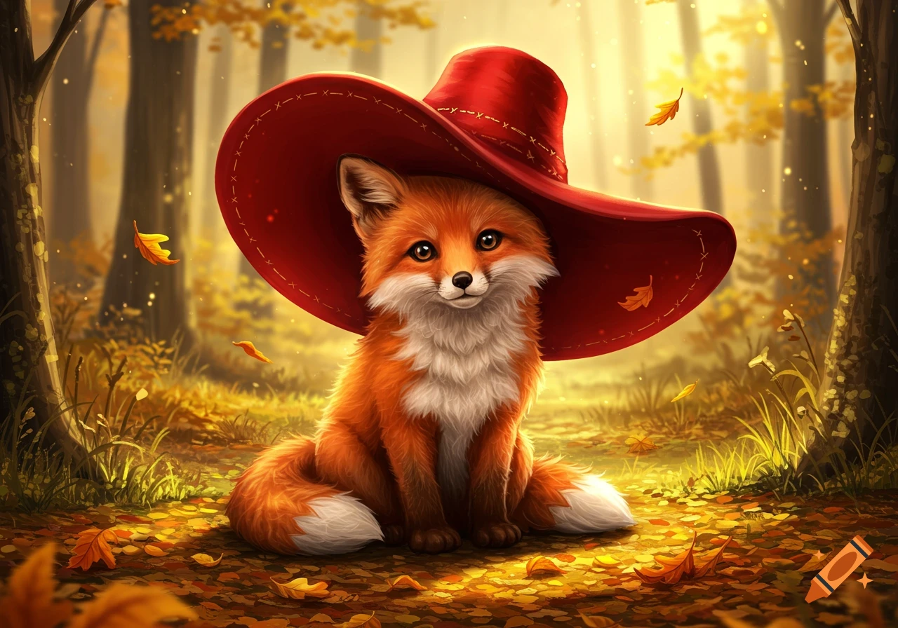 An adorable cartoon fox wearing a large red hat, sitting in an autumn forest among fallen orange and yellow leaves.