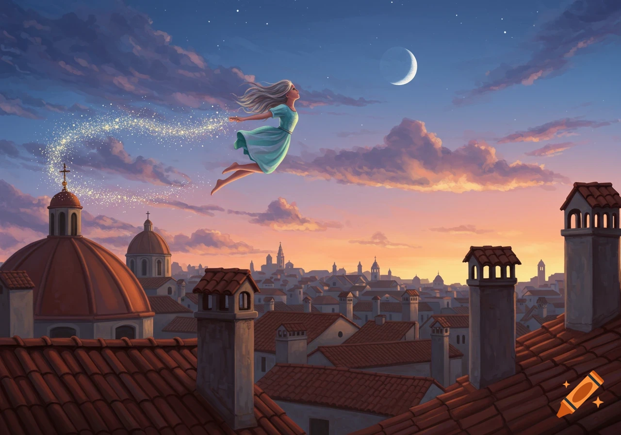 An illustrated girl with white hair flies over a European city at sunset, leaving a trail of golden sparkles. A crescent moon is in the sky.