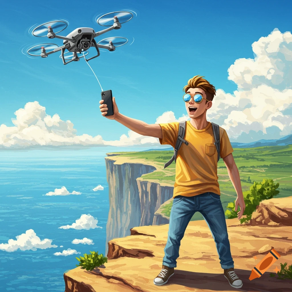 An illustrated man on a cliff holds a smartphone connected to a drone flying above him, overlooking the ocean.