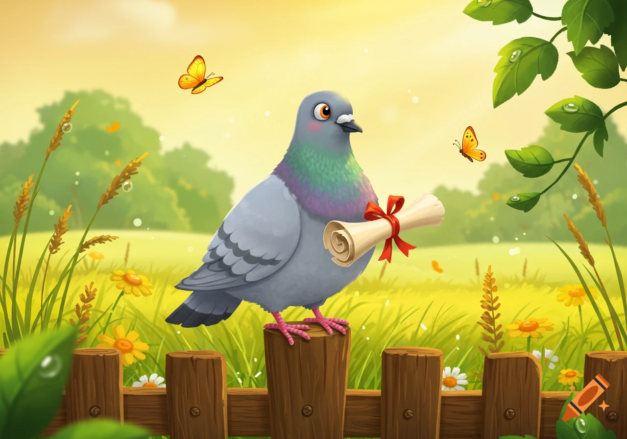 A cartoon pigeon holding a scroll tied with a red ribbon, perched on a wooden fence in a sunny field with butterflies.
