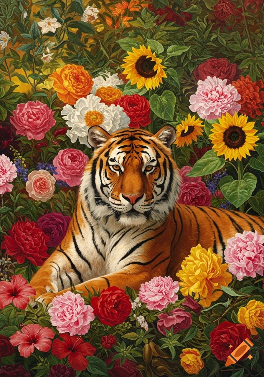 A tiger with orange and black stripes lies among vibrant, lush flowers like roses, sunflowers, and peonies, in a painterly style.