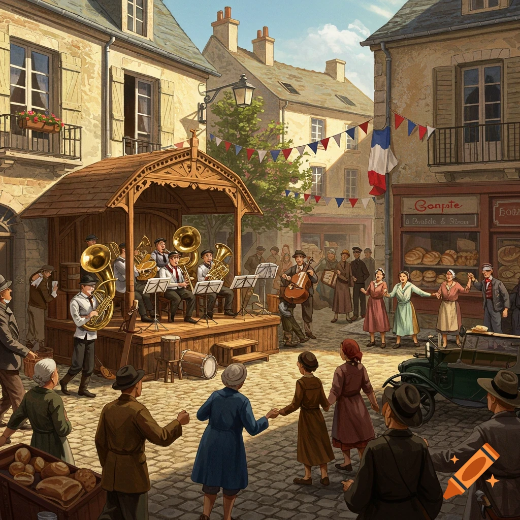 An illustration of a lively festival in a French village, with a brass band performing on a stage and people dancing in the cobblestone square.