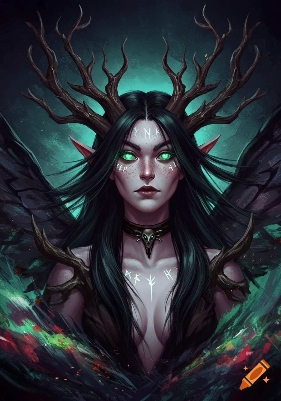 A dark fantasy portrait of a fey goddess with green glowing eyes, branch-like horns, black hair, and white glowing runes on her skin.